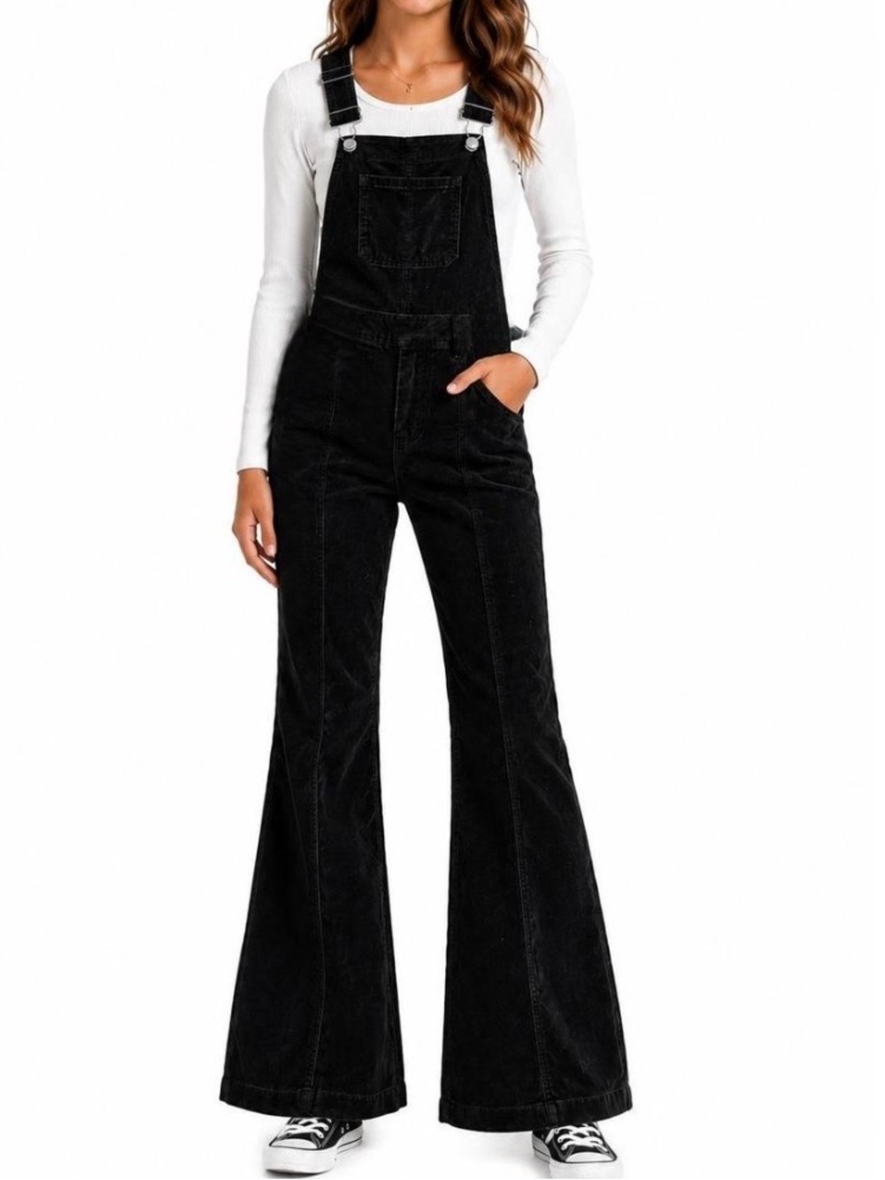 Pilcro Black Fit Flared Velvet Overalls 27